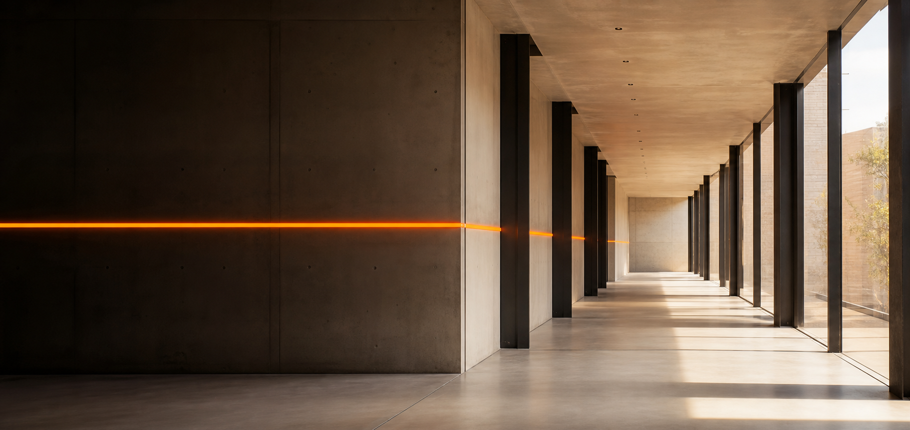 Modern architectural corridor with orange light