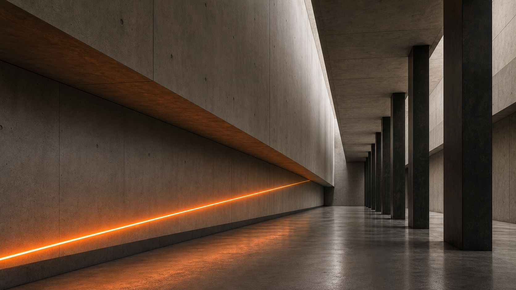 Concrete architectural corridor with a glowing orange line
